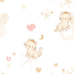 Seamless pattern featuring adorable kittens wearing cute little crowns