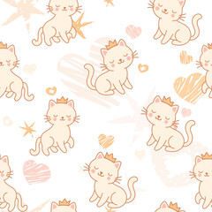 Seamless Pattern of Cute Princess Cat Wearing Crown with  pastel-colored hearts, stars, moons.