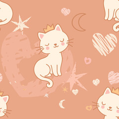 Seamless Pattern of Cute Princess Cat Wearing Crown with  pastel-colored hearts, stars, moons, on  beige Background.