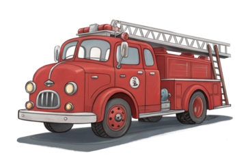 A bright red cartoon fire truck with ladder, isolated on transparent background. Perfect for children's books or fire safety themes.