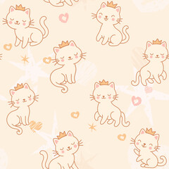 Obraz premium Cute Princess Cat Wearing Crown with pastel-colored hearts, stars, moons, on beige Background. Seamless Pattern