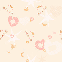 Boho seamless pattern pastel-colored hearts, stars, moons, and abstract scribble elements