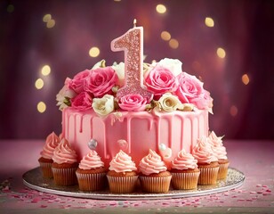 Elegant Pink First Birthday Cake with Roses and Cupcakes &ndash; Perfect for Baby Girl Celebrations