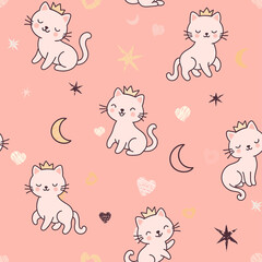 Seamless pattern featuring adorable kittens wearing cute little crowns