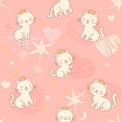 Seamless pattern featuring adorable kittens wearing cute little crowns