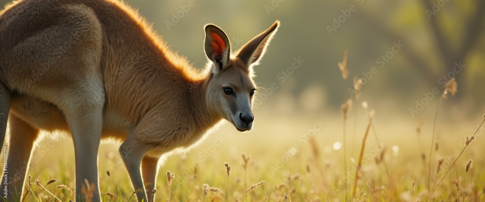 Aufkleber alert kangaroo standing in a sunny australian field, illuminated by the morning light, surrounded by