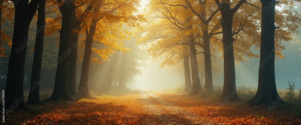 Aufkleber Serene autumn forest path with golden foliage and ethereal mist creating a tranquil and enchanting atmosphere