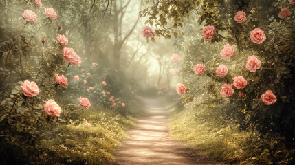 Beautiful roses and trees with a path in the foggy forest, a bright background. Spring landscape moods