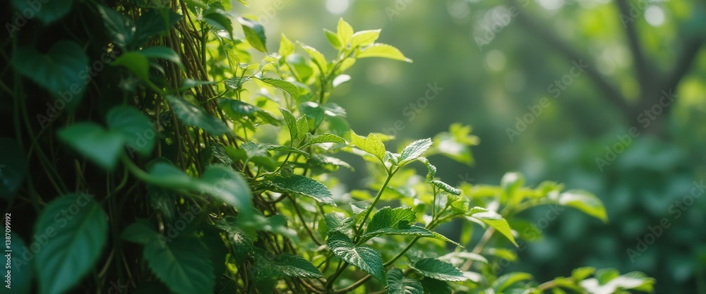 Poster lush green foliage with sunlight filtering through in a natural setting