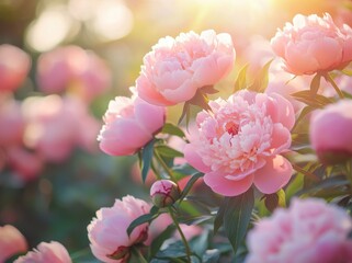 Obraz premium Delicate pink peonies basking in warm sunlight create a serene backdrop for elegant designs and joyful celebrations