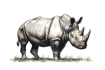 Obraz premium Rhino standing in the grass showcasing its powerful physique and distinctive features in a natural habitat during daylight Generative AI