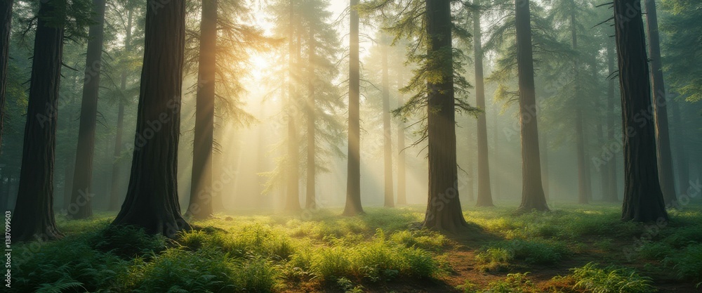 Poster Sunlight filters through tall trees in a misty, enchanted forest, creating beams of light across the lush green foliage