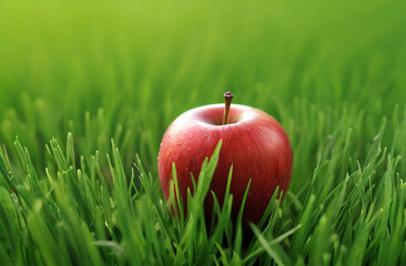 Red apple on green grass