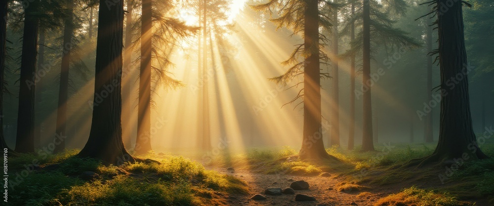 Poster sunbeams stream through a tranquil forest path on a misty morning