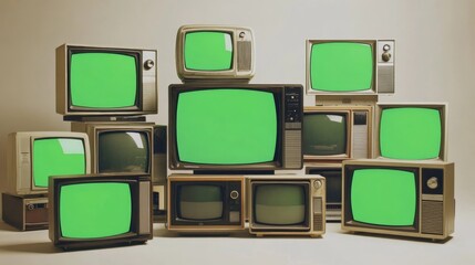 Retro televisions with green screens arranged in vintage aesthetic layout.