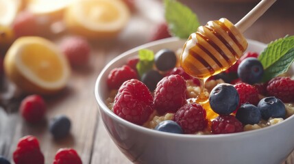 A steaming hot bowl of porridge with honey and fresh berries on a wooden table. Featuring warmth and health
