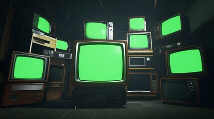 Stack of vintage CRT televisions with green screens in a dark retro room.