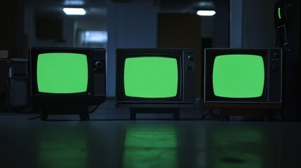 Three retro televisions with green screens in a dark moody room at night.