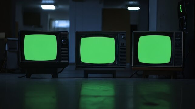 Three retro televisions with green screens in a dark moody room at night.