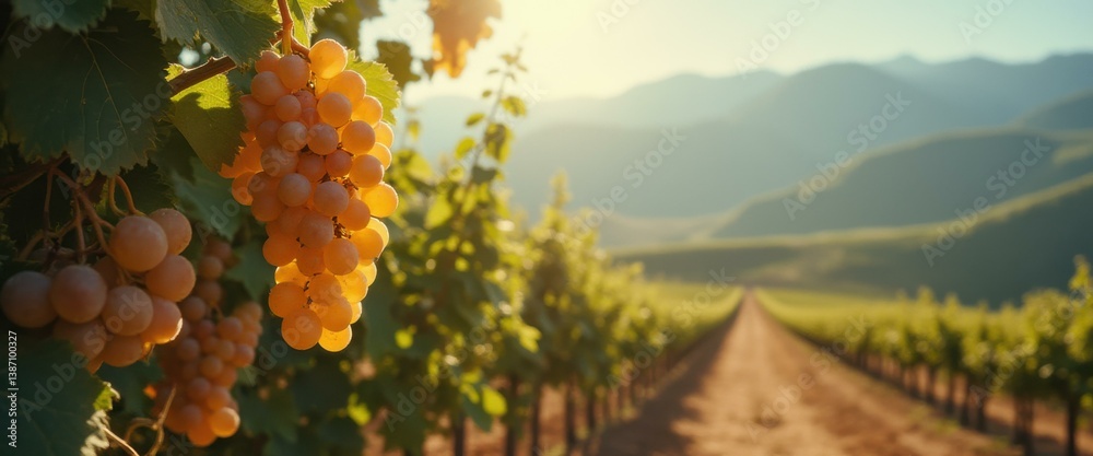 Poster golden grapes ripen on the vine in a lush vineyard, with rows of grapevines stretching toward distan