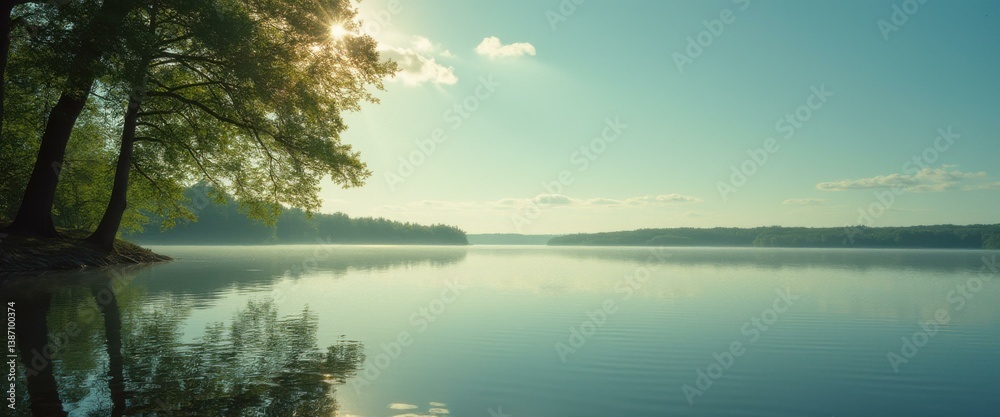 Poster Serene lake with a gentle mist and sunbeams streaming through trees at dawn for peaceful background design