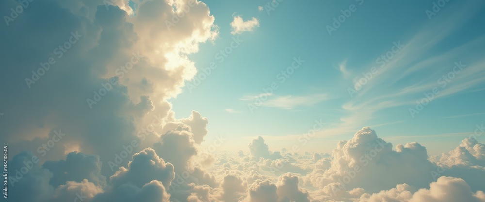 Poster dreamy expanse of cumulus clouds against a bright blue sky, creating a serene and calming ethereal v