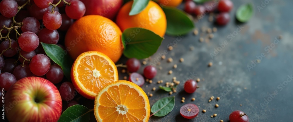 Aufkleber Fresh fruit arrangement with vibrant oranges, red grapes, and apples on a textured surface creating a visually appealing composition