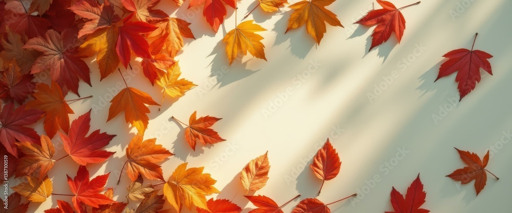 Aufkleber Vivid Autumnal Display: Array of Red and Golden Maple Leaves on Warm Background with Soft Light and Shadows
