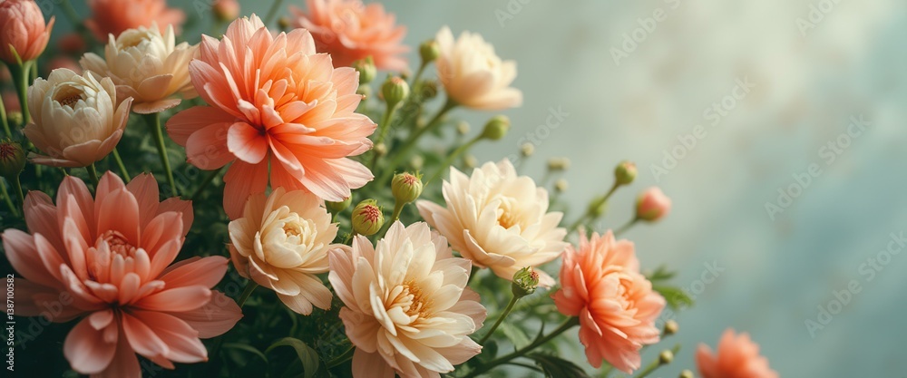 Poster peach and cream dahlias in full bloom against a soft turquoise background