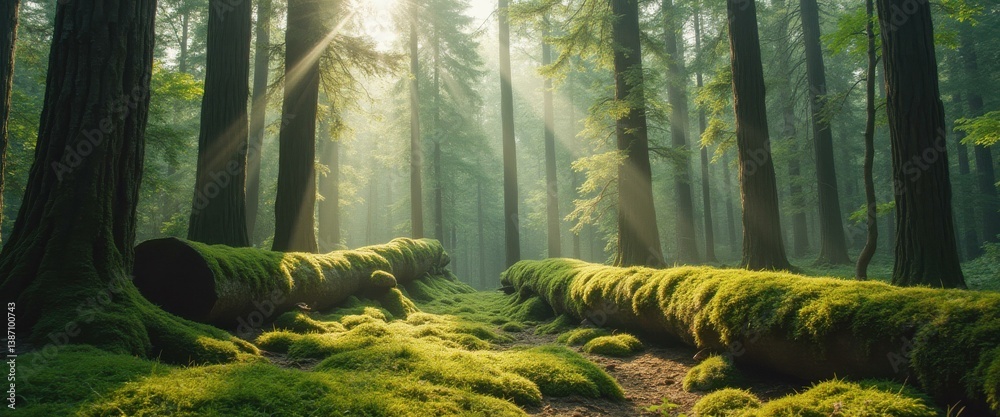 Poster Tranquil forest landscape featuring sunbeams filtering through tall trees and moss-covered logs creating an idyllic scene