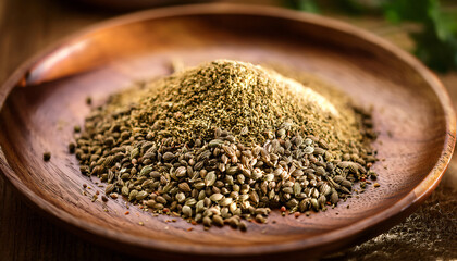 Macro image of crushed coriander seeds and cumin seeds mixed on a wooden plate