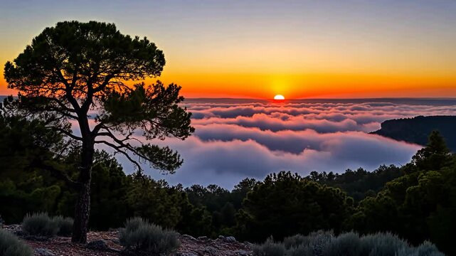 Dramatic vista captures a dense cloud inversion under a brilliant sunrise over a forest, with a lone tree in the foreground.