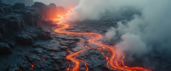 Volcanic Landscape with Flowing Lava River and Thick Fog, Dark Volcanic Rock Terrain, Intense Heat and Atmospheric Conditions