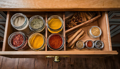 A warm-toned flat lay of a spice rack drawer opened halfway, revealing neatly arranged glass container
