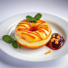 charming dessert display showcasing donut topped with glaze and served with fruit sauce, garnished with mint leaves