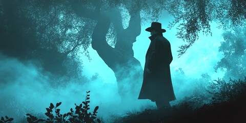 Mysterious figure in long coat and hat stands in a misty, ethereal forest. Eerie, atmospheric image perfect for mystery, thriller, or fantasy themes.
