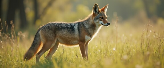 Fototapeta premium Coyote standing alert in a sunlit meadow, showcasing its natural beauty and wild essence.
