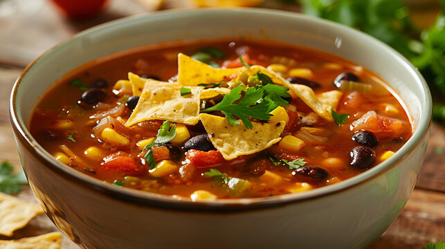 Bowl of soup with sandwich on a plate on red wooden background A traditional Mexican soup called "Sopa Azteca" served with tortilla chips, cheese and avocado, Generative AI