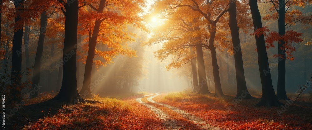 Poster Forest Path in Autumn with Golden Light and Fallen Leaves Creating a Serene and Peaceful Woodland Scene