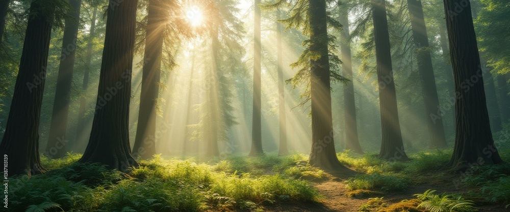 Poster forest sunlight filters through tall trees illuminating ferns along a path in a vibrant, tranquil, a