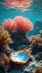 Obraz premium Underwater Coral Reef Scene with Vibrant Soft Corals and Seashell on Sandy Seabed