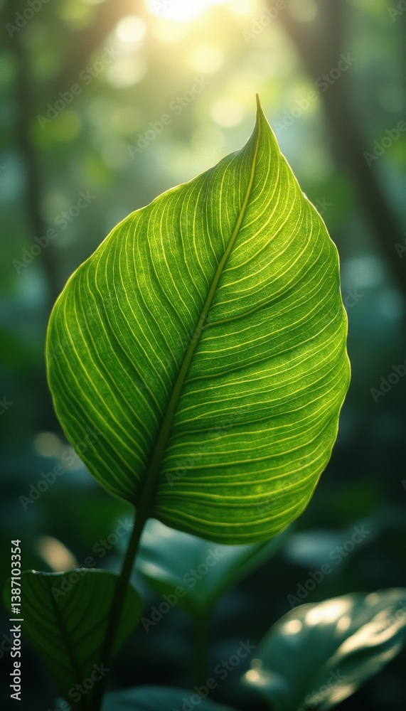 Aufkleber Radiant Green Leaf Displaying Intricate Vein Structure in a Lush, Natural Setting with Sunlit Bokeh