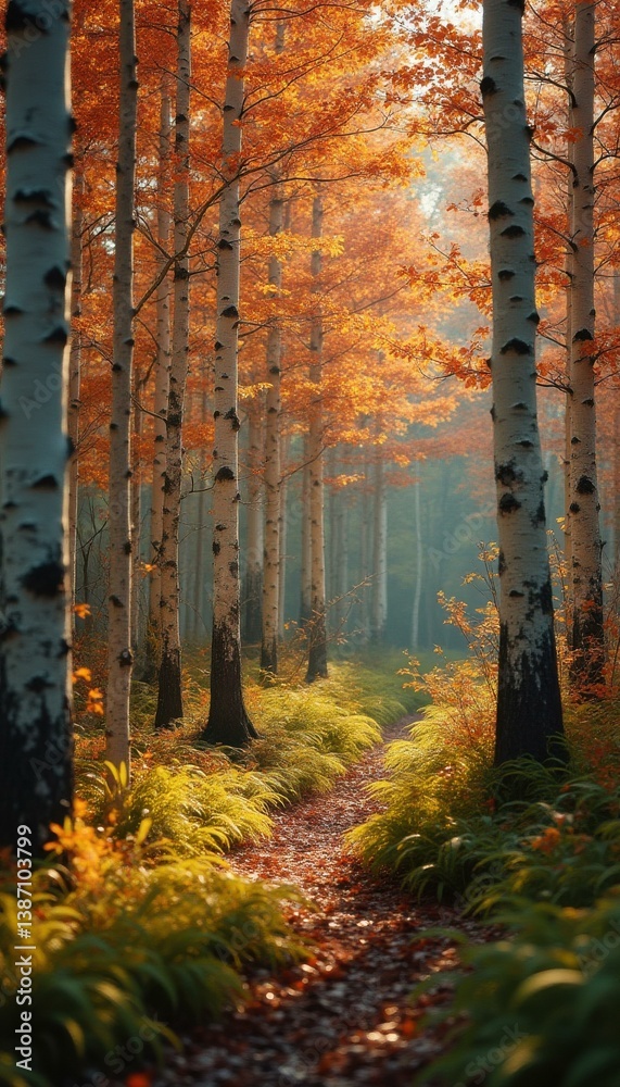 Poster enchanting autumnal scene of a birch forest path with golden foliage and sunlight filtering through 