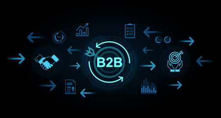 B2B digital business concept with glowing icons and arrows illustrating data, analytics, and partnership on futuristic dark background. 3D Rendering
