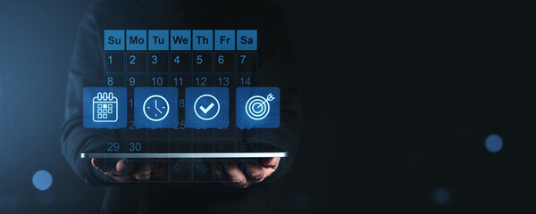Digital calendar with scheduling icons on a tablet.