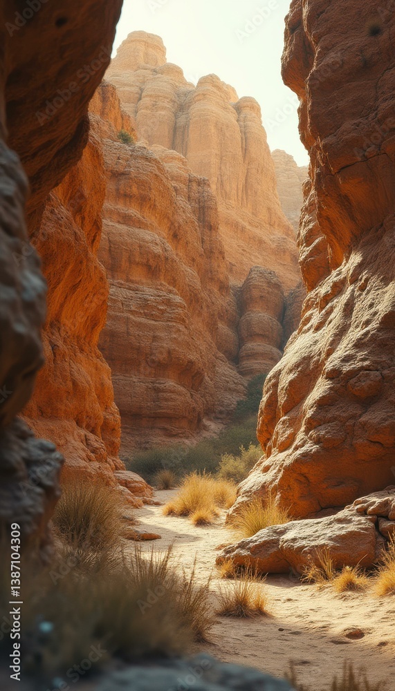 Aufkleber dramatic sandstone canyon passage with textured cliffs and arid desert landscape, creating an advent