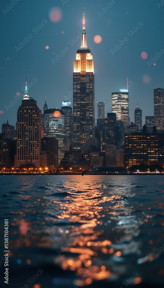 Poster illuminated tall building at dusk with water reflections and blurry bokeh