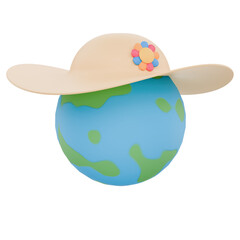 3D Globe Wearing a Beach Hat Icon Representing Global Summer Travel Adventures