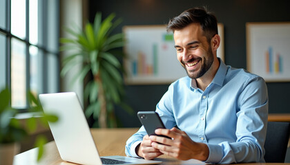 Happy Businessman Working on Laptop and Phone