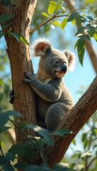 Fototapeta premium A cute koala sits in a tree, clinging to the bark and looking attentively off to the side.